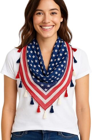 American Flag Triangle Scarf for Women – Lightweight Patriotic USA Wrap with Tassels – Sheer Stars & Stripes Sarong for Parade, Rally, Concert, (120x120x210 cm) in Saudi Arabia