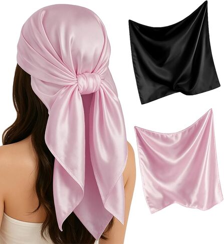 Satin Head Scarf for Women – 2 Pack 35 Inches Square Scarf, Sleeping Hair Wrap Bandana in Kuwait