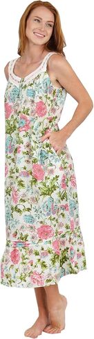 LA CERA Women's Cotton Lace Nightgown, Sleeveless Sweetheart Neckline with Crochet Lace Trim, Button Placket, Side Pockets in Saudi Arabia