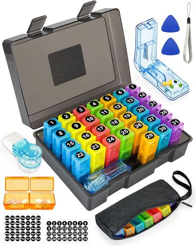 Monthly Pill Organizer 2 Times a Day – Yonlog Large Medicine Box with Weekly Travel Bag, Pill Cutter, Easy-Open Pick, Pill Taker Tool, and 2 Medication Stickers (Black, 2 Times a Day) in Saudi Arabia