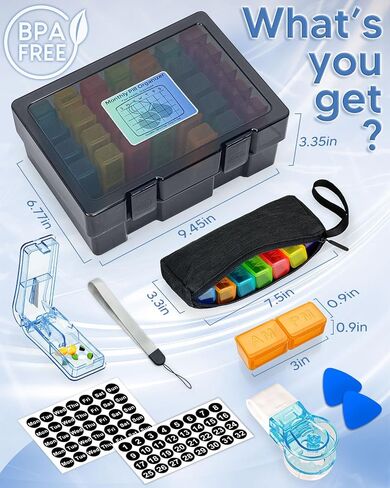 Monthly Pill Organizer 2 Times a Day – Yonlog Large Medicine Box with Weekly Travel Bag, Pill Cutter, Easy-Open Pick, Pill Taker Tool, and 2 Medication Stickers (Black, 2 Times a Day) in Saudi Arabia