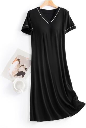 Women Short Sleeve Nightgowns Comfy Sleepwear Built in Bra Sleepshirts V Neck Cotton Sleep Shirts Pajama Dress in Saudi Arabia