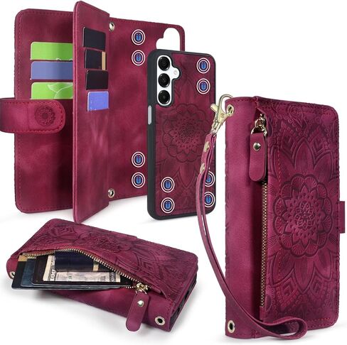 Harryshell Compatible with Samsung Galaxy A16 5G Wallet Detachable Magnetic Phone Case [Theft-Scan Blocking] Card Slots, Cash Zipper Pocket Wrist Strap (Floral Purple) in Kuwait