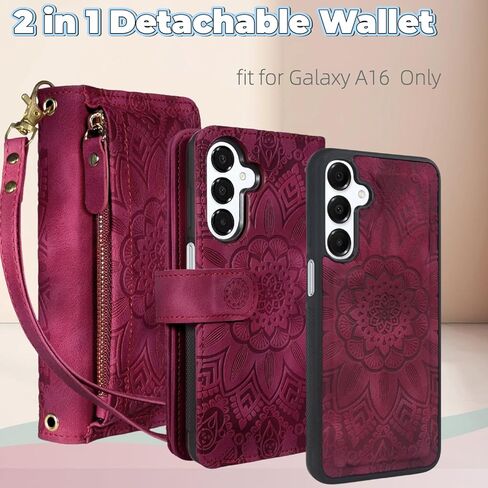 Harryshell Compatible with Samsung Galaxy A16 5G Wallet Detachable Magnetic Phone Case [Theft-Scan Blocking] Card Slots, Cash Zipper Pocket Wrist Strap (Floral Purple) in Kuwait