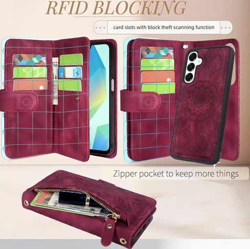 Harryshell Compatible with Samsung Galaxy A16 5G Wallet Detachable Magnetic Phone Case [Theft-Scan Blocking] Card Slots, Cash Zipper Pocket Wrist Strap (Floral Purple) in Kuwait