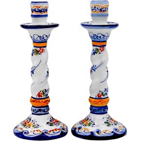 Faireal, Portuguese Pottery Alcobaça Ceramic Decorative Hand Painted Candle Holder – Set of 2, AVID-105, Blue, White, Red, Yellow, Green in Saudi Arabia