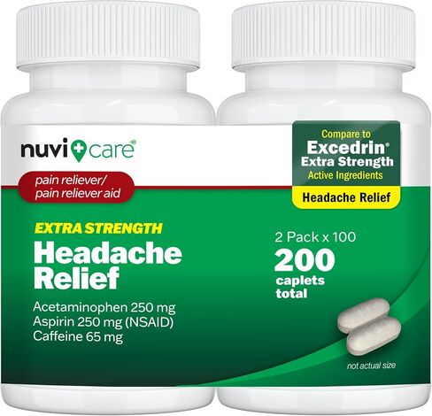Headache Relief with Acetaminophen 250 mg, Aspirin (NSAID) 250 mg, Caffeine 65 mg - Temporary Relief of Minor Aches & Pains - Compare to Excedren Extra Strength Pain Reliever (100 Caplets) in Kuwait