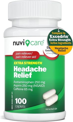 Headache Relief with Acetaminophen 250 mg, Aspirin (NSAID) 250 mg, Caffeine 65 mg - Temporary Relief of Minor Aches & Pains - Compare to Excedren Extra Strength Pain Reliever (100 Caplets) in Kuwait