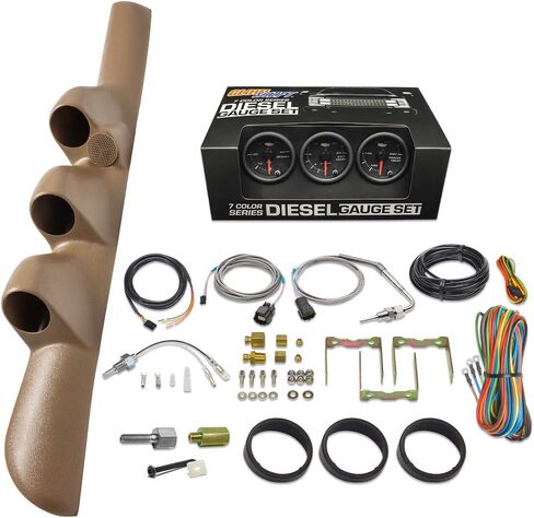 Glowshift Diesel Gauge Package متوافق مع Dodge Ram Cummins 2500 3500 1998-2002 - Black 7 Color 60 PSI Boost ، 2400F EGT & Transmission Tempies - Tan Triple Bailar W SPECET CUTOUT in Saudi Arabia