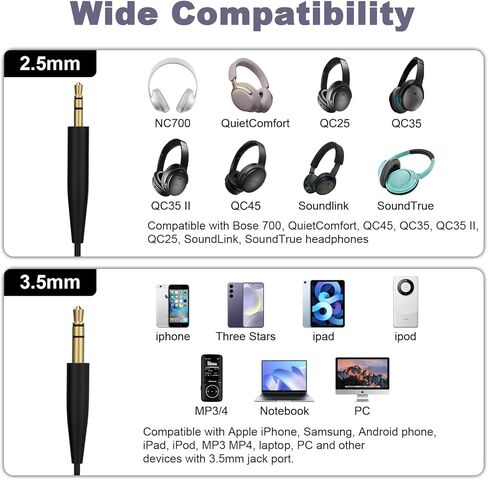 Replacement Audio Cable Aux Cord 3.5mm to 2.5mm Wire Compatible with Bose 700 QuietComfort QC45 QC35II QC35 QC25 Noise Cancelling Headphones, SoundTrue Soundlink On-Ear 2 OE2 OE2i Headphones (No Mic) in Kuwait