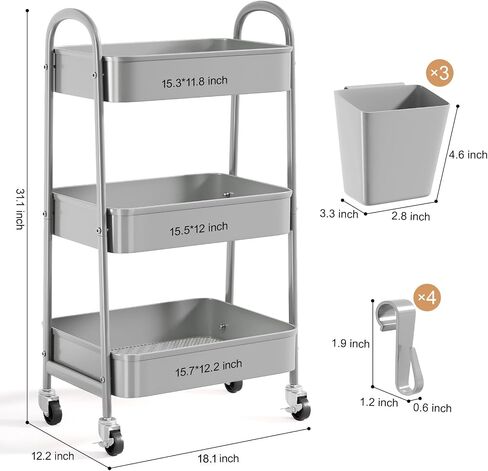 Pink 3 Tier Rolling Cart, Metal Bathroom Utility Cart on Wheels, Craft Storage Cart with Lockable Wheels and Handle, Rolling Carts with 3 Hanging Cups & 4 Hooks for Art, Snack, Book, Diaper in Saudi Arabia