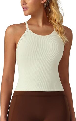 Womens Crop Tank Tops Seamless Yoga Sports Bra Padded Workout Halter Neck Camisole with Built in Bra in Kuwait