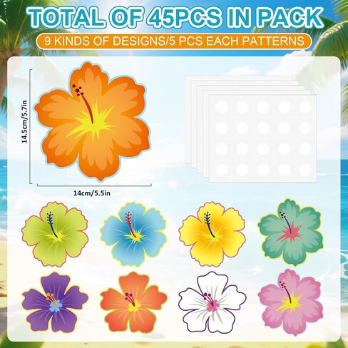 45 PCS Luau Hibiscus Flower Cetouts Back to School Bulletin Decortations مجموعة زخرفة دراسية استوائية لصيف هاواي تحت عنوان الحفلة in Saudi Arabia
