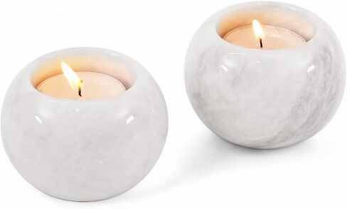 Marble Tealight Candle Holder 3 Inch Handmade White Stone Votive Holders for Birthday Party & Wedding Decorations - Ideal Small Tea Lights Candles Set of 2 for Dining Table Decor in Kuwait