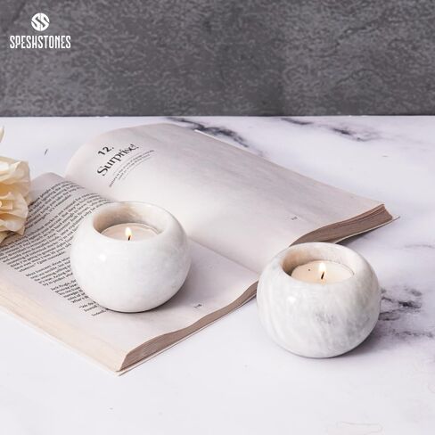 Marble Tealight Candle Holder 3 Inch Handmade White Stone Votive Holders for Birthday Party & Wedding Decorations - Ideal Small Tea Lights Candles Set of 2 for Dining Table Decor in Kuwait