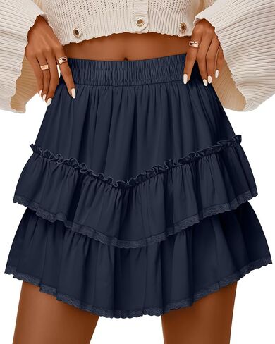 Ficerd Women's Ruffle Flowy Short Skirt Tiered Lace Cotton Mini Skorts High Waist Pleated Boho Cute Summer Shorts in Saudi Arabia