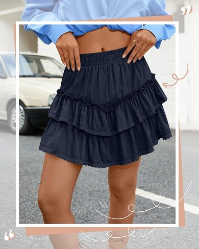 Ficerd Women's Ruffle Flowy Short Skirt Tiered Lace Cotton Mini Skorts High Waist Pleated Boho Cute Summer Shorts in Saudi Arabia
