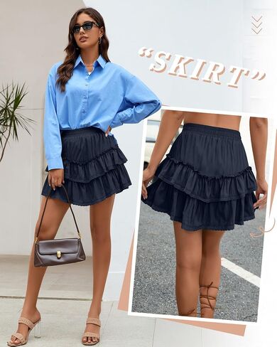 Ficerd Women's Ruffle Flowy Short Skirt Tiered Lace Cotton Mini Skorts High Waist Pleated Boho Cute Summer Shorts in Saudi Arabia