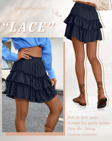 Ficerd Women's Ruffle Flowy Short Skirt Tiered Lace Cotton Mini Skorts High Waist Pleated Boho Cute Summer Shorts in Saudi Arabia