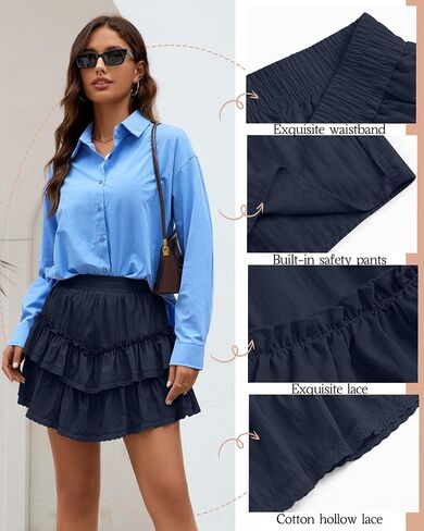 Ficerd Women's Ruffle Flowy Short Skirt Tiered Lace Cotton Mini Skorts High Waist Pleated Boho Cute Summer Shorts in Saudi Arabia