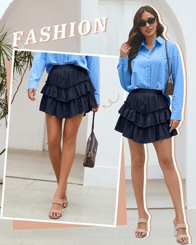 Ficerd Women's Ruffle Flowy Short Skirt Tiered Lace Cotton Mini Skorts High Waist Pleated Boho Cute Summer Shorts in Saudi Arabia