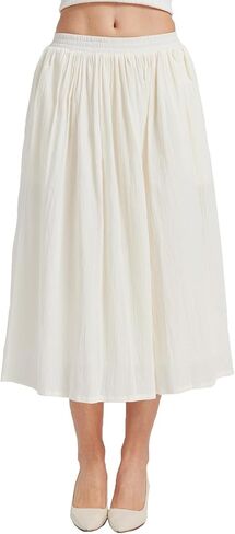 Women Cotton Midi Skirt with Cotton Lining Elastic High Waist A-Line Vintage Skirt with 2 Pockets in Kuwait