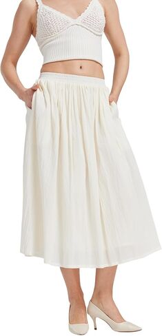 Women Cotton Midi Skirt with Cotton Lining Elastic High Waist A-Line Vintage Skirt with 2 Pockets in Kuwait