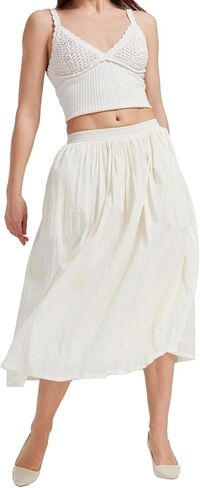 Women Cotton Midi Skirt with Cotton Lining Elastic High Waist A-Line Vintage Skirt with 2 Pockets in Kuwait