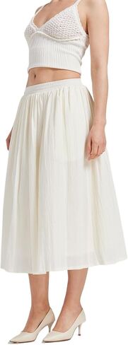 Women Cotton Midi Skirt with Cotton Lining Elastic High Waist A-Line Vintage Skirt with 2 Pockets in Kuwait
