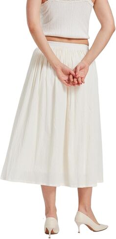 Women Cotton Midi Skirt with Cotton Lining Elastic High Waist A-Line Vintage Skirt with 2 Pockets in Kuwait
