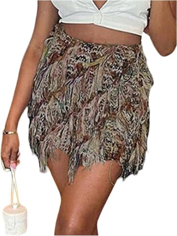 MakeMeChic Women's Tassel Bodycon Mini Skirt Fringe Graphic Print Boho Short Pencil Skirts in Saudi Arabia