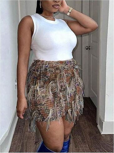 MakeMeChic Women's Tassel Bodycon Mini Skirt Fringe Graphic Print Boho Short Pencil Skirts in Saudi Arabia