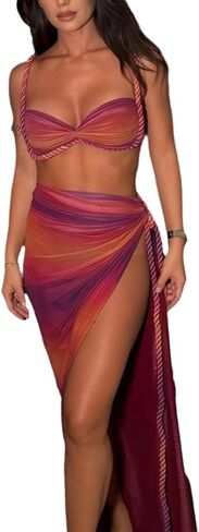 Thlai Women's 2 قطعة تنورة يجمد Bra Top Maxi Skirt with Slit Sexy Acductions in Kuwait