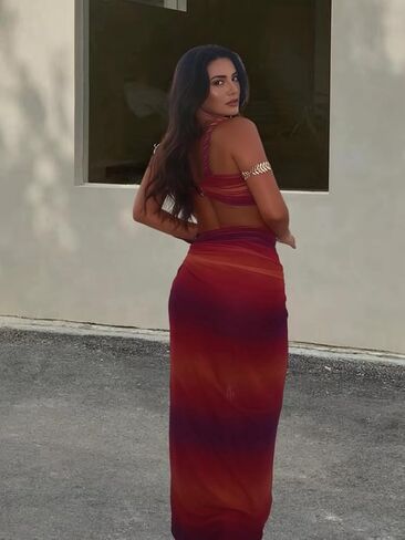 Thlai Women's 2 قطعة تنورة يجمد Bra Top Maxi Skirt with Slit Sexy Acductions in Kuwait