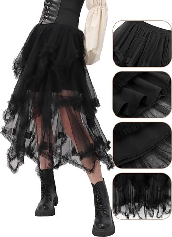DAZCOS Tulle Skirt for Women High Low Ruffle Elastic Waist Midi Skirt Tutu Fairy Costume in Saudi Arabia