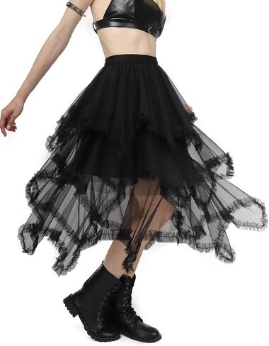 DAZCOS Tulle Skirt for Women High Low Ruffle Elastic Waist Midi Skirt Tutu Fairy Costume in Saudi Arabia