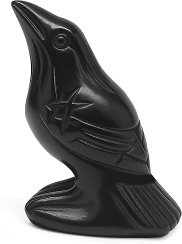 Raven Statue Natural Stone, Crow Figurine Decor Sculpture, 2 Inch Creative Bird Crystal Ornament Black Obsidian Stone Lucky Healing Guardian Animal Pocket Figure for Office Home Decoration Women Gifts in Saudi Arabia