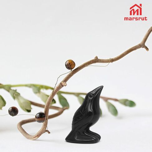 Raven Statue Natural Stone, Crow Figurine Decor Sculpture, 2 Inch Creative Bird Crystal Ornament Black Obsidian Stone Lucky Healing Guardian Animal Pocket Figure for Office Home Decoration Women Gifts in Saudi Arabia