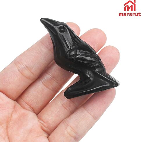 Raven Statue Natural Stone, Crow Figurine Decor Sculpture, 2 Inch Creative Bird Crystal Ornament Black Obsidian Stone Lucky Healing Guardian Animal Pocket Figure for Office Home Decoration Women Gifts in Saudi Arabia