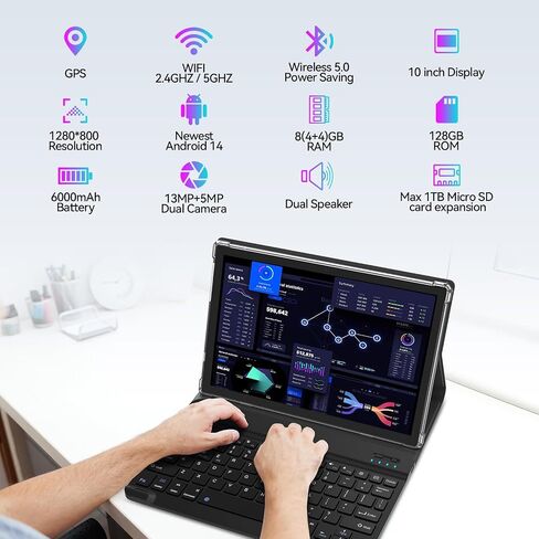2024 Android 14 Tablet, 10.1 inch 4G Cellular Tablets with Dual Sim Slot, 14GB RAM(8+6 Virtual)+128GB ROM 1TB Expand, Octa-Core, 8+13MP Dual Camera,1280x800 Incell Screen, 5G WIFI, 7000mAh Battery in Saudi Arabia
