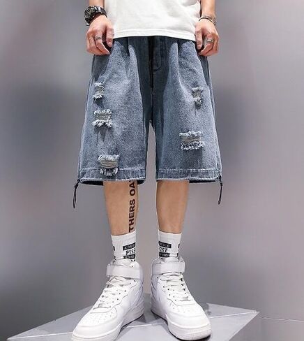 رجال شورتات فضفاضة y2k الدنيم jorts المجرد تمزق جان شورت الصيف فضفاضة fit hip hop wide jorts streetwear in Kuwait