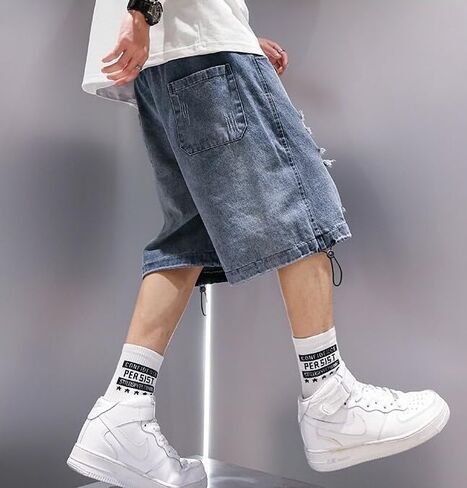 رجال شورتات فضفاضة y2k الدنيم jorts المجرد تمزق جان شورت الصيف فضفاضة fit hip hop wide jorts streetwear in Kuwait