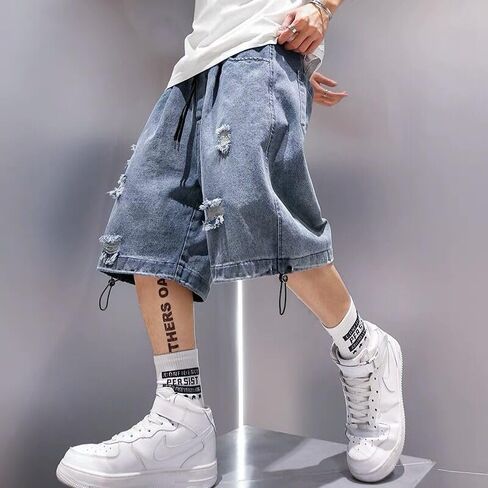 رجال شورتات فضفاضة y2k الدنيم jorts المجرد تمزق جان شورت الصيف فضفاضة fit hip hop wide jorts streetwear in Kuwait