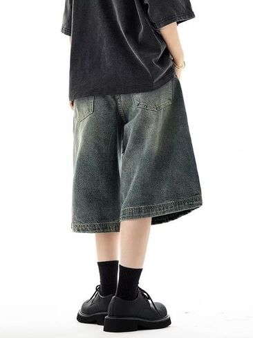 Mens Baggy Shorts Y2k Denim Jorts Grunge Ripped Jean Shorts Summer Loose Fit Hip Hop Wide Leg Jorts Streetwear in Saudi Arabia