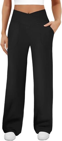 Womens Wide Leg Yoga Pants Crossover Work Dress Pants Lounge Sweatpants Casual Trousers with Pockets in Saudi Arabia