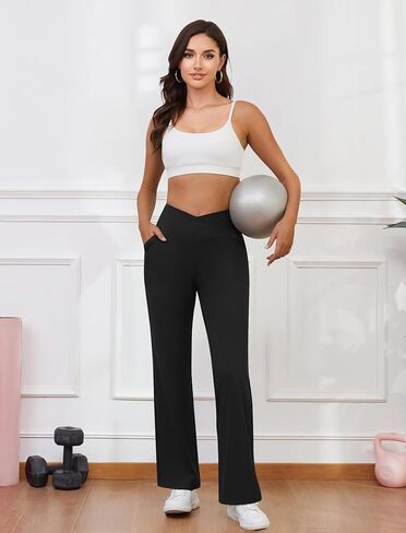 Womens Wide Leg Yoga Pants Crossover Work Dress Pants Lounge Sweatpants Casual Trousers with Pockets in Saudi Arabia