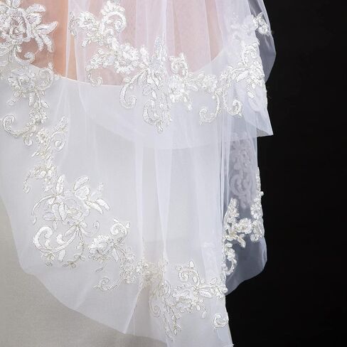 Lace Bridal Veil Pearl Wedding Veils,Short Veil 2 Tier Fingertip Length Metal Comb for Women in Saudi Arabia