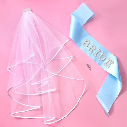 2 PCS Bride Sash and Bridal White Veil for Wedding ، Mrs Bride Pearl Sash ، حجاب دش الزفاف ، شيء أزرق ، إكسسوارات حفلات العازبة ، هدية وصيفات الشرف للنساء in Saudi Arabia