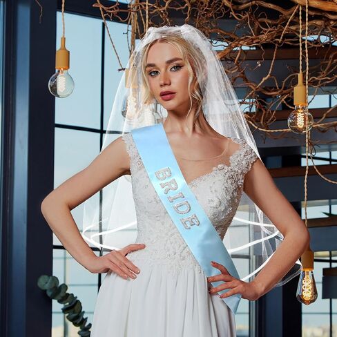 2 PCS Bride Sash and Bridal White Veil for Wedding ، Mrs Bride Pearl Sash ، حجاب دش الزفاف ، شيء أزرق ، إكسسوارات حفلات العازبة ، هدية وصيفات الشرف للنساء in Saudi Arabia