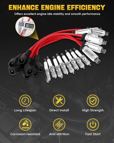 41-962 Spark Plugs & 9748HH Spark Plug Wires Compatible with Chevy Avalanche Silverado 1500 Suburban Tahoe, GMC Sierra 1500 Yukon, Cadillac Escalade, Hummer H2 5.3L 6.0L V8, Replace# 88862122 19299585 in Saudi Arabia